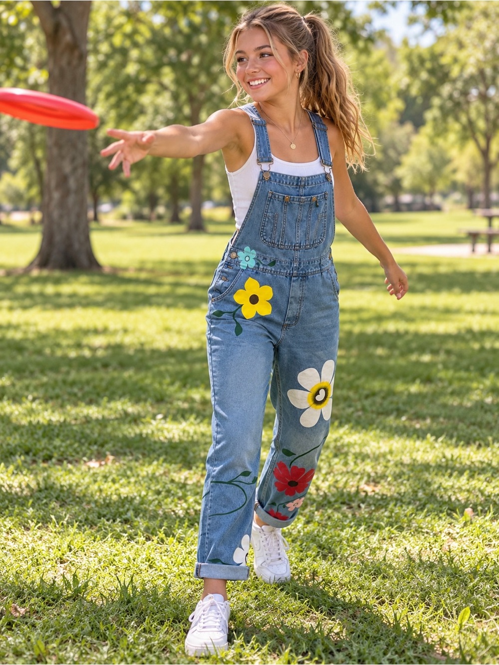 Denim Floral One-Piece Overalls - Blue with Multicolor Flowers